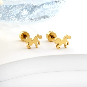 18K gold plated unicorn stud earrings with flat safety backings on minimalist display