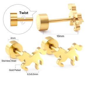 Unicorn 18K gold plated stainless steel studs with twist closure dimensions display