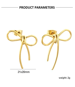 Detailed view of gold bow knot earrings measuring 21x26mm with polished finish