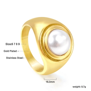 Detail of gold plated stainless steel ring with a 16.3mm white pearl inlay