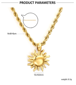 Detail of 18K gold plated sun pendant necklace with rope chain and 5cm extension