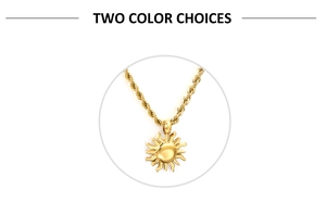 Detail of 18K gold plated rope chain and sunburst pendant against white background