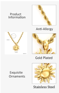 Detail of 18K gold plated stainless steel sun pendant and twisted rope chain necklace
