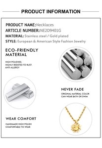 Detail view of 18K gold plated stainless steel sun necklace with waterproof features