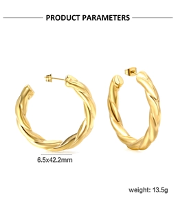 Detail view of gold twisted rope hoop earrings with 6.5x42.2mm size specifications