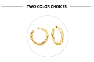 Detail of twisted 18K gold hoop earrings featuring a sophisticated chunky spiral design