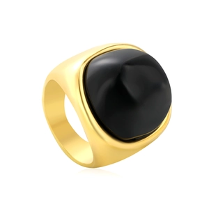 Anello vintage francese con onice nera quadrata e fascia larga in acciaio placcato oro 18K
