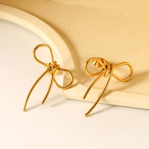 Stainless Steel Bowknot Stud Earrings 18K Gold Plated Minimalist Twisted Wire Design Trendy Jewelry For Women