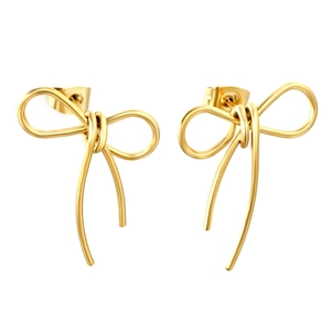 Elegant 18K gold plated stainless steel bow knot stud earrings on white background