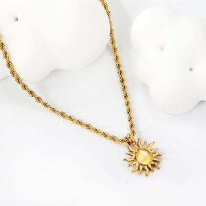 18K gold plated stainless steel sun pendant necklace with twisted rope chain for women