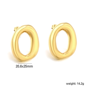 Minimalist 18k gold plated stainless steel oval stud earrings with mirror finish texture