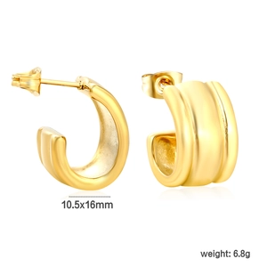 Detail showing 18K gold-plated C-shape hoop earrings with 10.5x16mm size dimensions