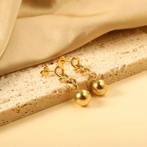 Elegant gold chain ball stud earrings set on a textured stone surface with silk fabric