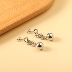 Minimalist silver stainless steel ball drop earrings with chain dangle design