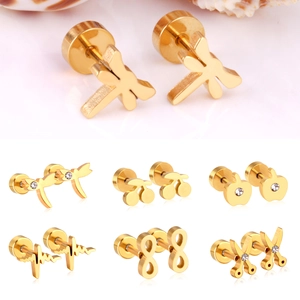 Stainless Steel Stud Earrings Gold Plated Cubic Zirconia Twist Screw Flat Back Heartbeat Dragonfly Jewelry For Women