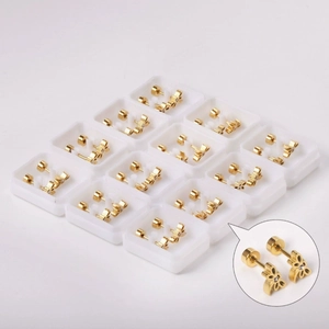 Set of 12 pairs golden bow stud earrings with zircon in clear plastic boxes