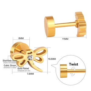 Detail view of a gold dragonfly stud earring with zircon inlay and screw-back design