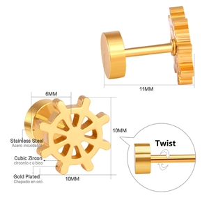 Detailed specs of gold plated ship wheel ear studs with cubic zirconia and screw back