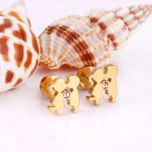 Close-up of golden stainless steel kissing couple stud earrings with zircon inlay