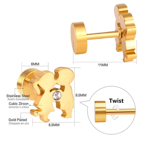 Detailed size and structure guide for gold-plated boy and girl silhouette stud earrings