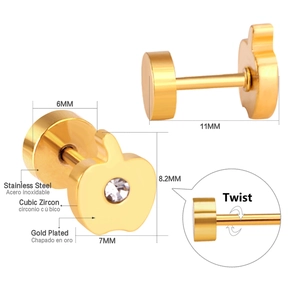 Detail of apple-shaped gold plated stainless steel stud earring with cubic zirconia and screw back