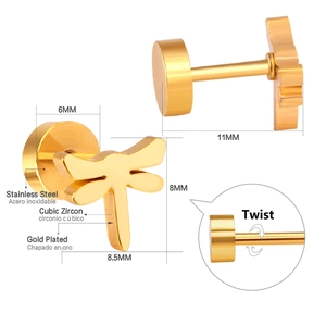Detailed size specifications for gold plated stainless steel dragonfly stud earrings