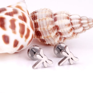 Macro detail of silver stainless steel dragonfly stud earrings on a beach shell background