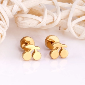 Detail shot of gold-plated stainless steel cherry stud earrings with round butterfly backs