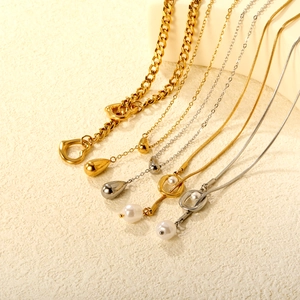 Stainless Steel Necklace With Artificial Pearl Pendant Water Drop Heart Shapes 18K Gold Plated Elegant Jewelry For Women
