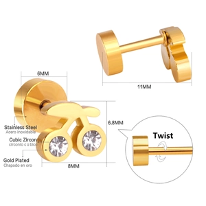 Detail of gold-plated cherry stud earring with cubic zirconia and twist back design