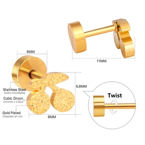 Detail of gold cherry studs with matte leaves and dimensions of 11mm twist closure