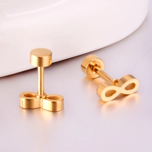 Polished gold infinity stud earrings in stainless steel with cylindrical screw backs