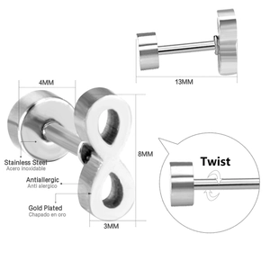 Macro view of infinity symbol stud earrings with twist closure and antiallergic steel