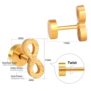 Detailed views of gold infinity stud earrings with cubic zirconia and screw-back closure