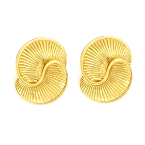 Golden irregular texture spiral disc stud earrings in stainless steel on white background