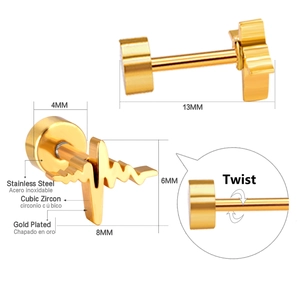 Detailed view of heartbeat and star pattern stainless steel stud earrings with gold plating