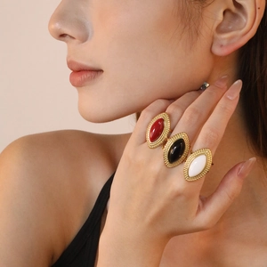 Three vintage gold marquise rings with red black and white agate stones for women