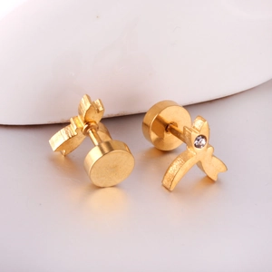 Macro shot of minimalist gold stainless steel stud earrings with tiny crystal inlay detail