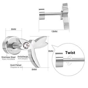 Detail of dragonfly stud earring in stainless steel with crystal and twist-on design