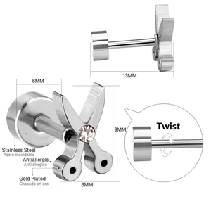 Detailed view of 13mm gold plated stainless steel scissors stud earring with zircon inlay