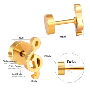 Macro detail of musical note screw back stud earrings showing dimensions and twist opening
