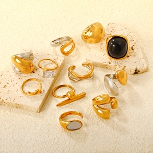 Irregular Geometric 18K Gold Silver Tone Stainless Steel Gemstone Rings Women Minimalist Open Adjustable Statement Jewelry