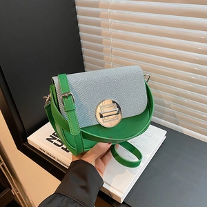 Women Crossbody Saddle Bag PU Leather Woven Fabric Contrast Color Metal Lock Adjustable Strap Fashion Shoulder Purse
