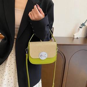 Fashion women's crossbody box bag in green leather and beige woven contrast stitching