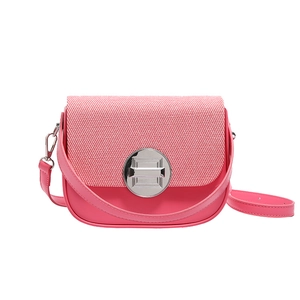 Pink PU leather box bag with contrast fabric flap and silver metal twist lock