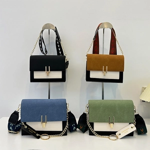 Contrast color retro PU leather crossbody bag with chain and ethnic pattern straps