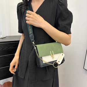 Contrast color crossbody flap bag with green suede, chain strap, and floral webbing
