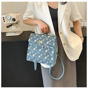 Détail d'un sac à dos bleu avec motif de carrosse classique et fermoir en métal doré