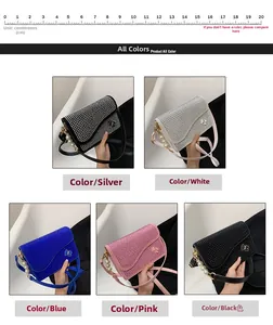 Detailed comparison of five colors of rhinestone crossbody bags with pearl straps and bows
