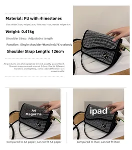 Detailed size specifications of the rhinestone handbag with measurements and crossbody strap